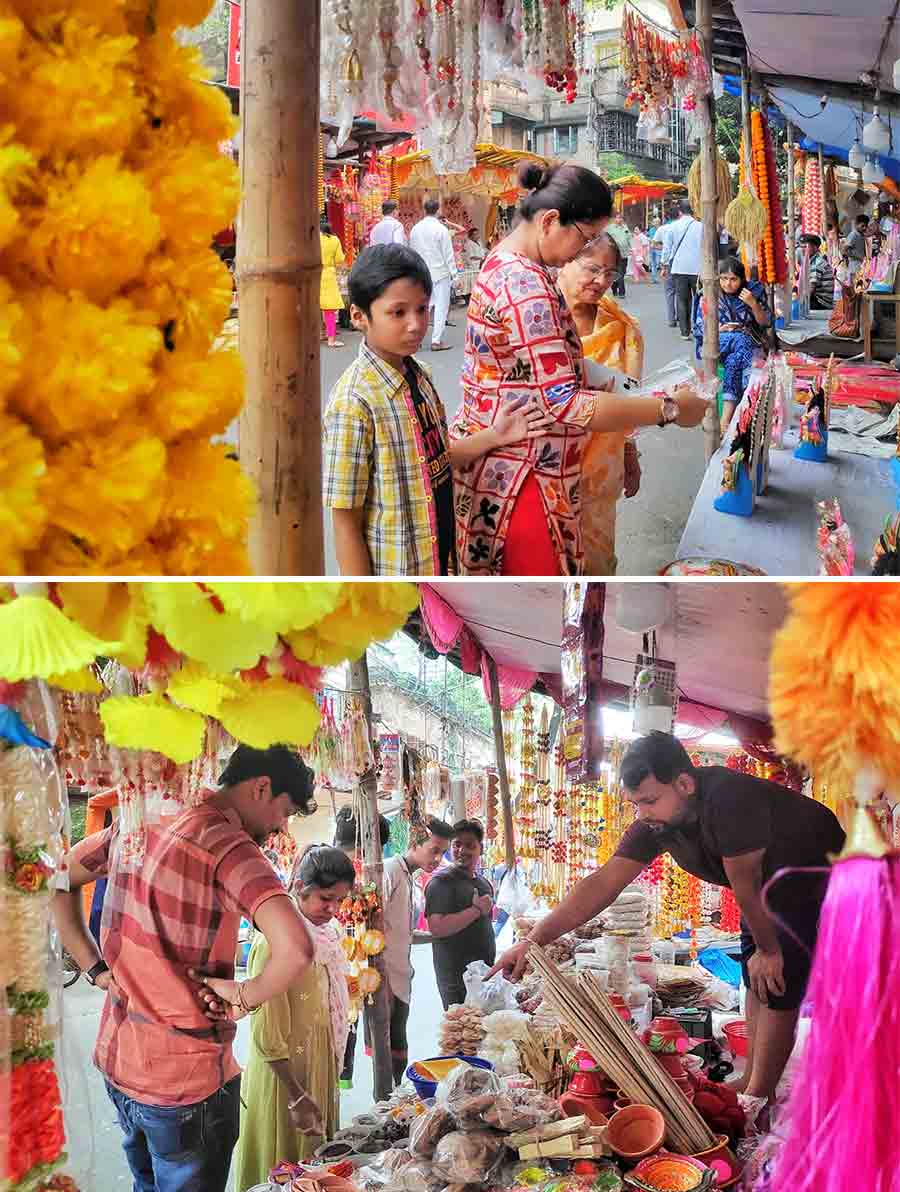 Last-minute shoppers buy Lakshmi Puja essentials at Lake Market on Saturday afternoon