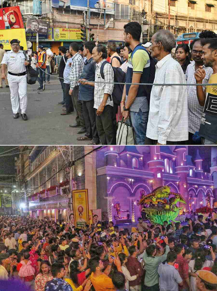 Thousands of people were out all night visiting pandals from Panchami to Dashami. Kolkata Traffic Police and Kolkata Police deployed maximum manpower to manage traffic and crowd. In pictures, Mohammad Ali Park and Sreebhumi Sporting Club  