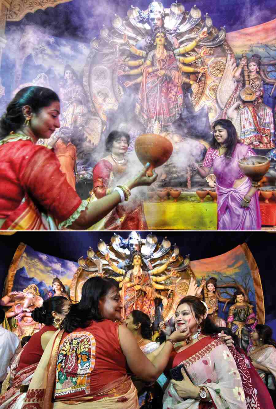 Women took part in ‘sindoor khela’ and ‘dhunuchi naach’ before bidding farewell to Ma Durga on Dashami. In pictures, celebrations at the Mohammad Ali Park puja