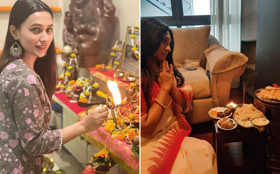 Tolly actors Rituparna Sengupta and Mimi Chakraborty sought blessings from Lakshmi and prayed to the goddess at home on Saturday  
