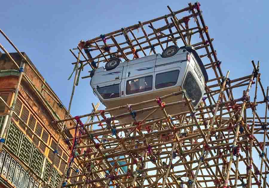 Durga puja pandals around the city are being taken down. In picture, the pandal of Friends Union at Bagbazar  