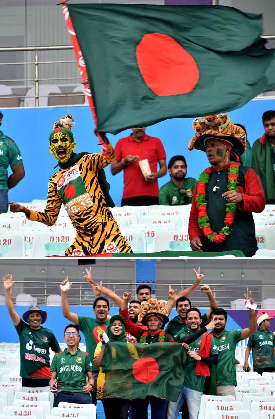 Supporters of Bangladesh cheered for their country ahead of the ICC Men’s Cricket World Cup 2023 match between Bangladesh and The Netherlands at the Eden Gardens on Saturday afternoon. Netherlands won the match by 87 runs  