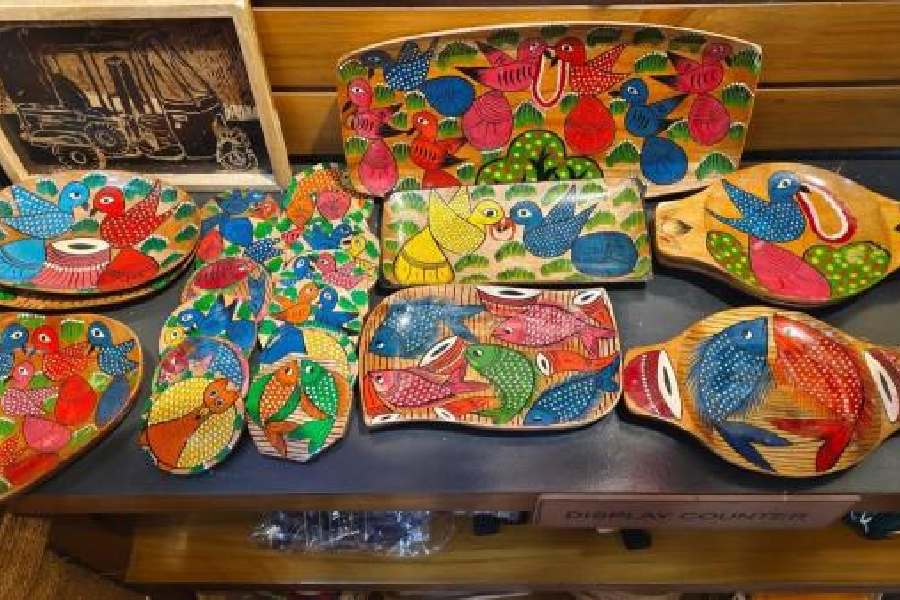 Some scroll-inspired products made by Sunderbans women on display at the Durga puja in Almere, in the Netherlands