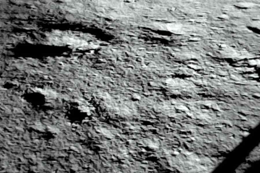 Lander imager camera of Chandrayaan-3 captures a portion of its landing site on the surface of the moon.