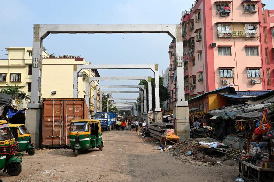 The portals of the under-construction Kalighat skywalk on Monday.