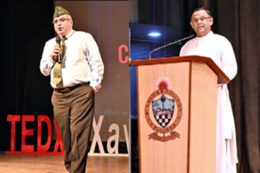 (From left) Colonel Prakash Tewari (retired) speaks at the TEDxStXaviersCollegeKolkata; Father Dominic Savio, principal of St Xavier's College, Calcutta, speaks at the event