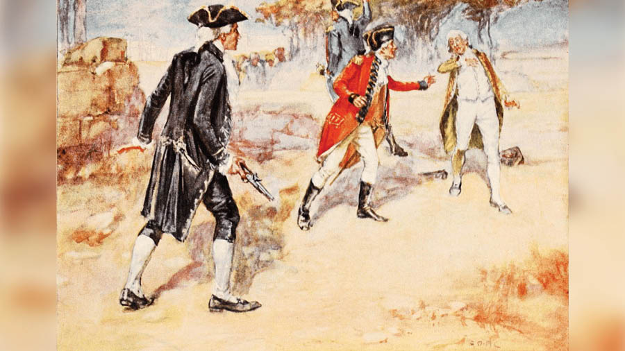 An illustration of the duel between Warren Hastings and Philip Francis