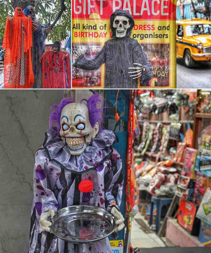 Halloween props and ghost figurines on sale at Mirza Galib Street 