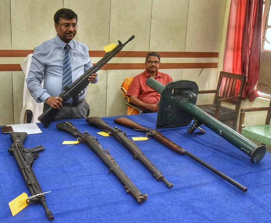 A rocket launcher surrendered by Pakistan Army in the 1971 Indo-Pak war and other weapons from the BSF Academy, Tekanpur, Gwalior were displayed at a press conference by Biplab Roy, administrator general and official trustee of West Bengal and founder of State Judicial Museum and Research Centre at Kolkata on Tuesday  