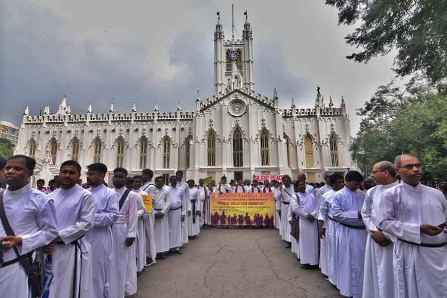 A silent peace rally was organised from St Paul’s Cathedral to Gandhi statue at Mayo Road on Friday to express solidarity with the people of strife-torn Manipur. The rally was organised by the Bengal Christian Council under the aegis of the National Council of Churches in India 
