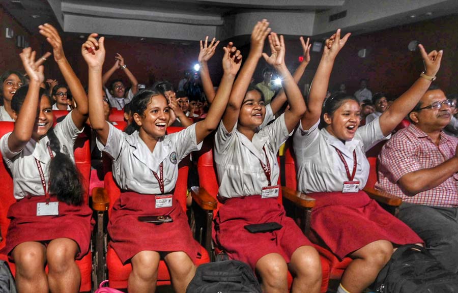 Schoolgirls erupt in joy at the Birla Industrial and Technological Museum in Kolkata on Saturday the moment the Aditya L1 lifts off from Sriharikota