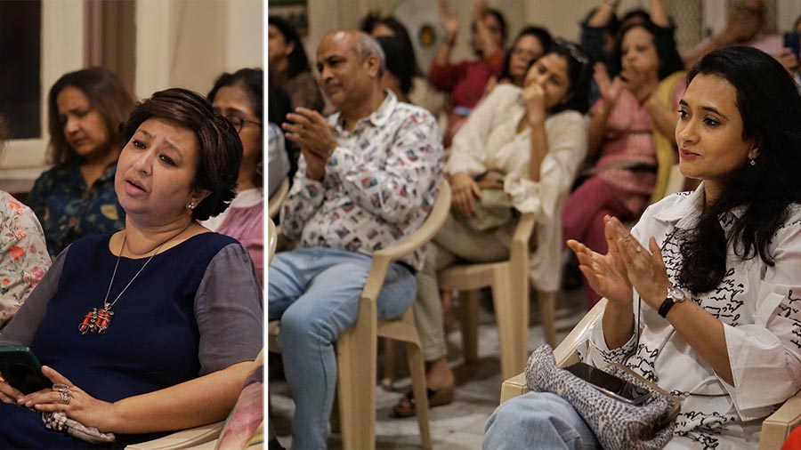 The event had everyone singing along, including (L-R) Meeta Sethia and Vinita Poddar, Anuurag’s wife. “The simplicity of their presentation made us connect. We were humming throughout and I am going back with a lot of thoughts I want to reflect upon,” said Sethia. Poddar added, “I didn’t expect the event to be so interactive, and they did justice to all art forms