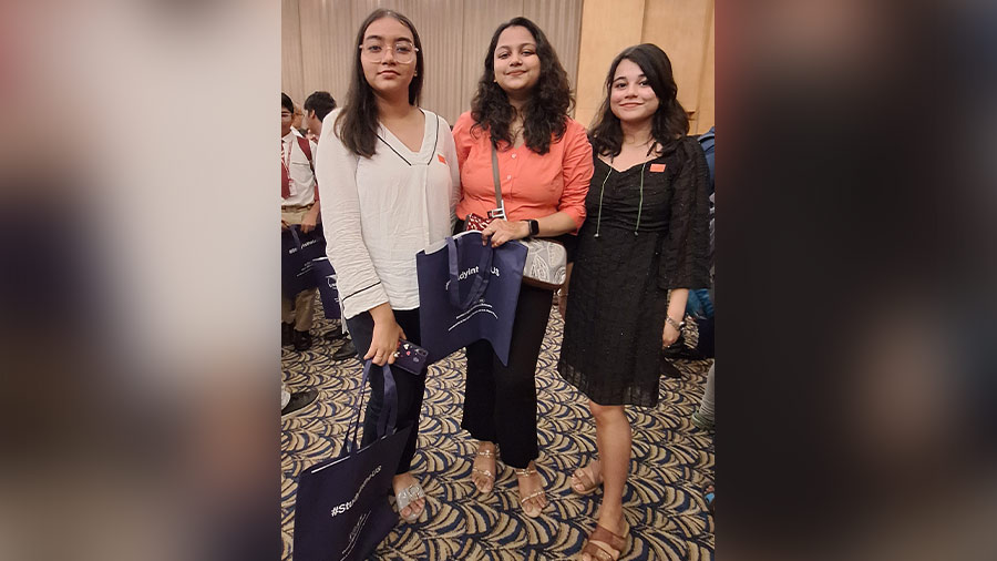 Students Poulami Saha, Anjali Shaw and Arunika Sengupta attend the event