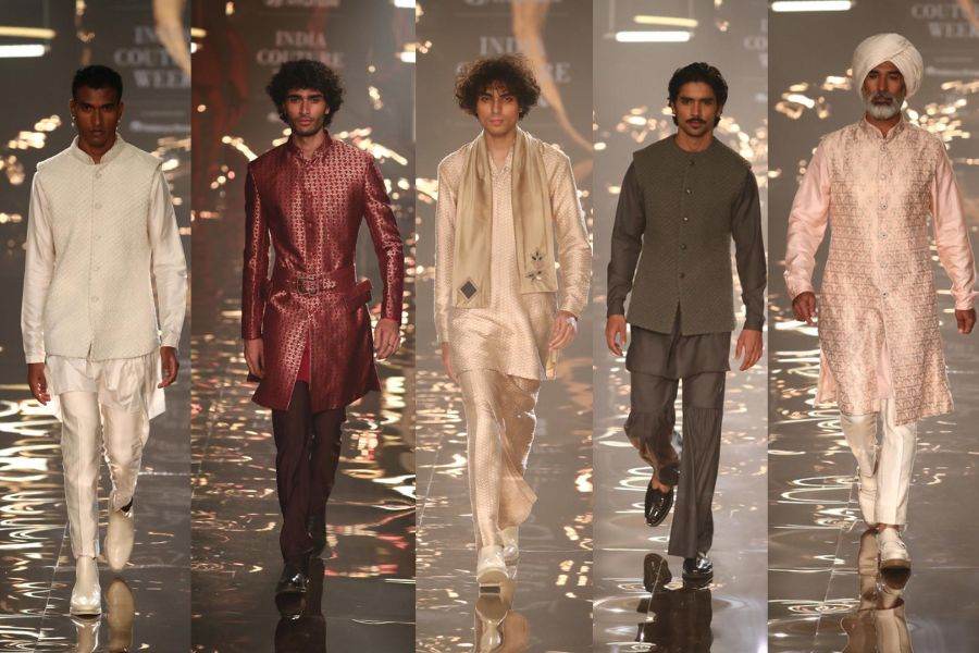 (From left) Kunal’s man was dapper in softer neutrals; Kunal played around with the silhouettes and gave traditional occasion wear a twist, Kunal played around with drapes for men; The men, like the women, channelled gharara pants; The show had a wide representation of age groups, championing inclusivity