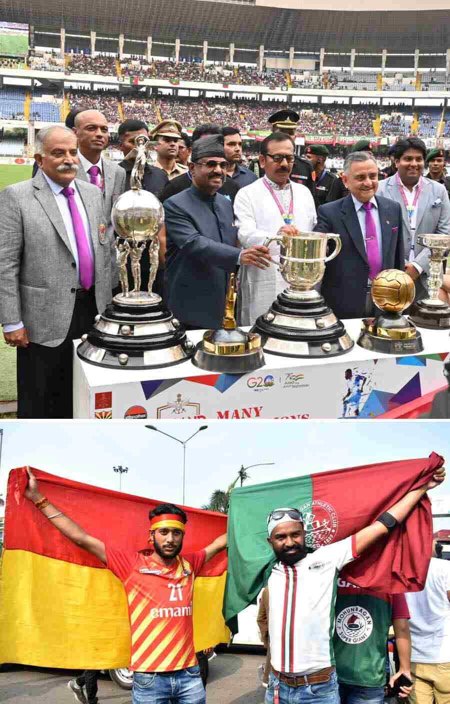 The much anticipated Durand Cup final match began on Sunday evening between arch-rivals East Bengal and Mohun Bagan at Yuva Bharati Krirangan in Salt Lake. The spirit was high among the supporters of the two teams. Governor CV Ananda Bose and sports minister Aroop Biswas were present. All streets led to the stadium. Nothing else mattered. Bikes, taxis, Metro rakes, local trains — all modes of transport bound for the stadium were jam-packed with football lovers 