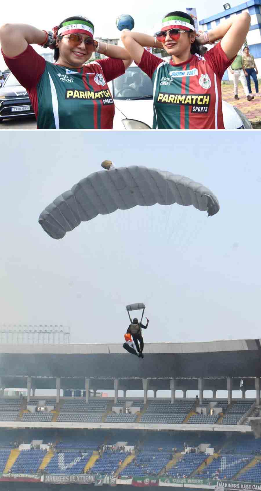An iconic base jump was also witnessed before the match. Two base jumps from The 42 had signalled the start of the tournament in August. Depending on the result of the match, fans of the winning team would be celebrating by having the ‘unofficial’ team mascot or team fish. So if East Bengal wins today fans of the team, who primarily are the ‘Bangals’, will devour hilsa and if Mohun Bagan wins, plates of jumbo prawns cooked in coconut will be had with steamed rice by ‘Ghoti’ fans  