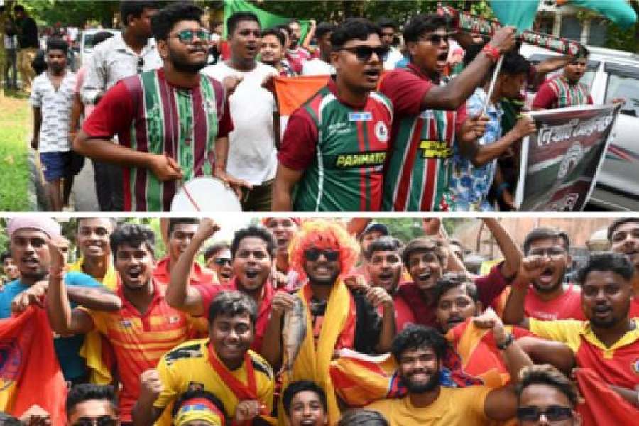 Mohan Bagan supporters and East Bengal fans outside the Salt Lake stadium before the Durand Cup final on Sunday