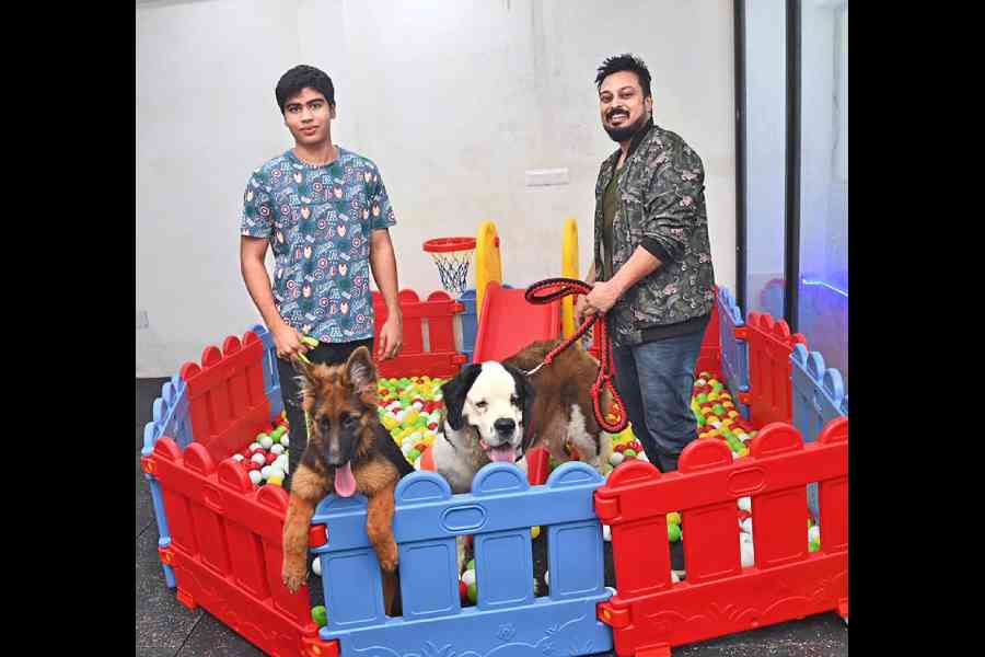 Fashion designer Abhishek Dutta struck a pose for the t2 camera with his son and dogs Alexa and Bella in the play area. “Alexa was photographed by t2 when she was just one-and-a-half months old. I am an animal lover. Calcutta needs a lot of dog centres and clinics that are missing from the city. It is a good initiative and it’s very close to my home. Every pet clinic or pet lover should do something for the strays. During the pandemic, I stepped out every day to feed the strays of my neighbourhood and it’s an essential step towards the society. I have adopted both my pets and not bought and ‘adopt don’t shop’ is something that people should follow,” he said.