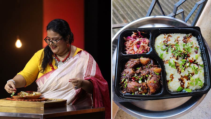 For (left) Dyuti Banerjee, monsoons were shaped by comfort meals like (right) Bengali congee or ‘phena bhaat’ with fiery, crunchy sides like ‘alu bhaate’ mixed with fried red chillies, ‘Ilish bhaja’, and her grandfather’s ghost stories
