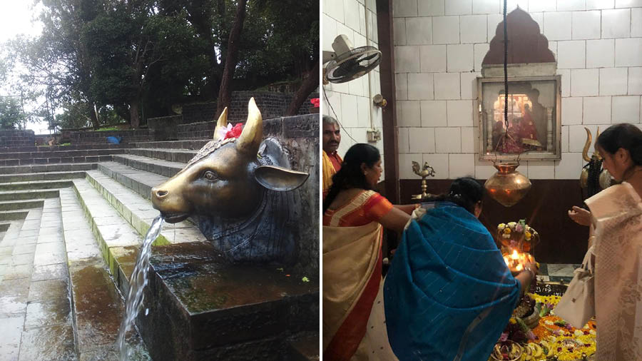 One of the cow head conduits that fills up the larger kund and (right) a puja inside one of the temples