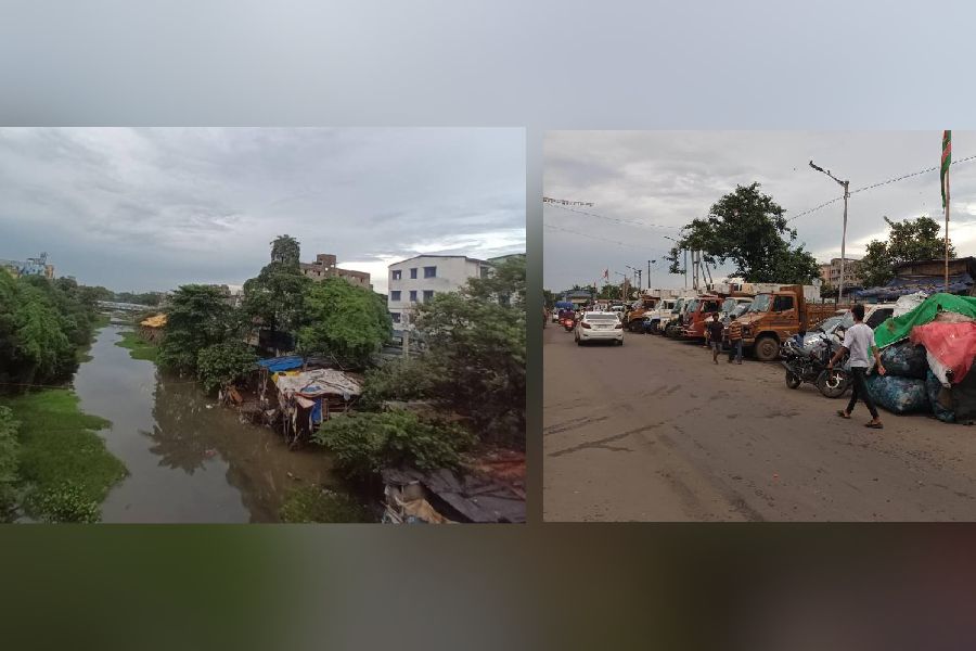 A stretch of  the Beleghata canal  near Narkeldanga police station; (right) huts and garbage on Canal West Road on Monday.