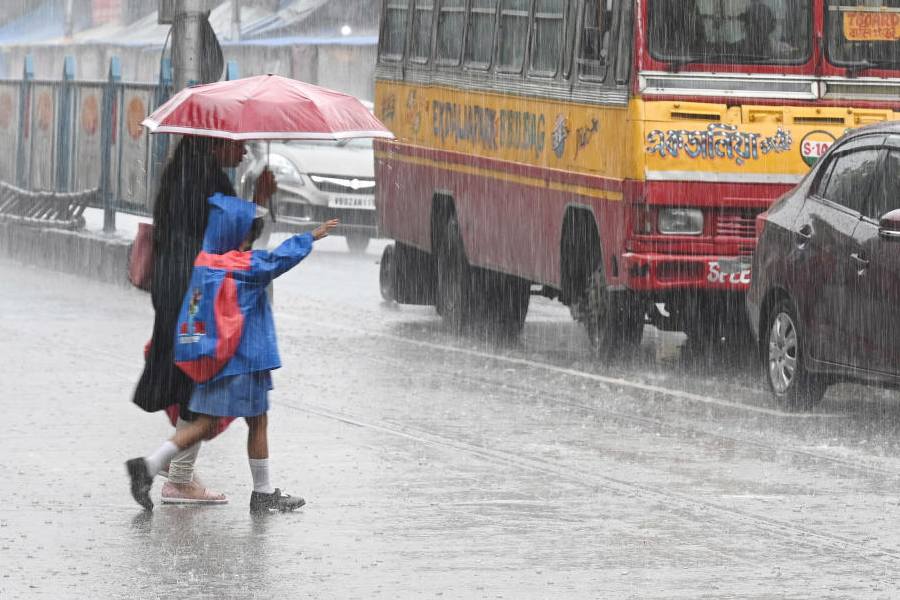A schoolchild and her guardian caught in the rain at Gariahat on Monday afternoon.