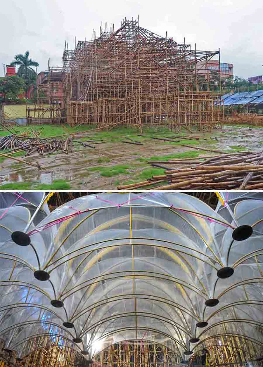 With only 45 days left, Durga Puja preparations are in full swing at Santosh Mitra Square and Chor Bagan 