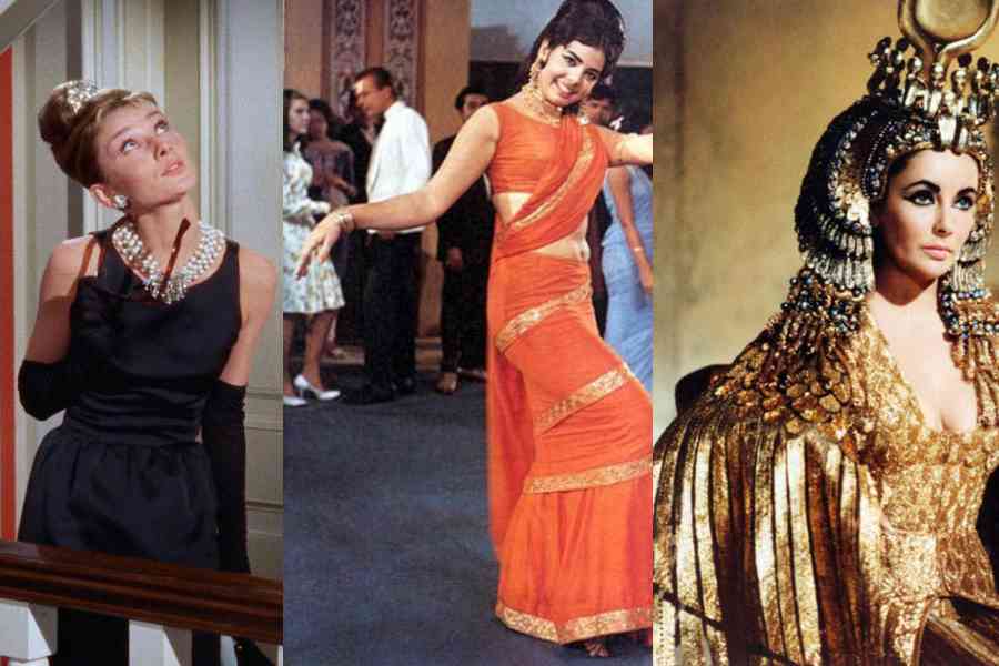 Audrey Hepburn's black dress in Breakfast at Tiffany's, Mumtaz’s orange drape in Brahmachari, Elizabeth Taylor's golden costume in Cleopatra