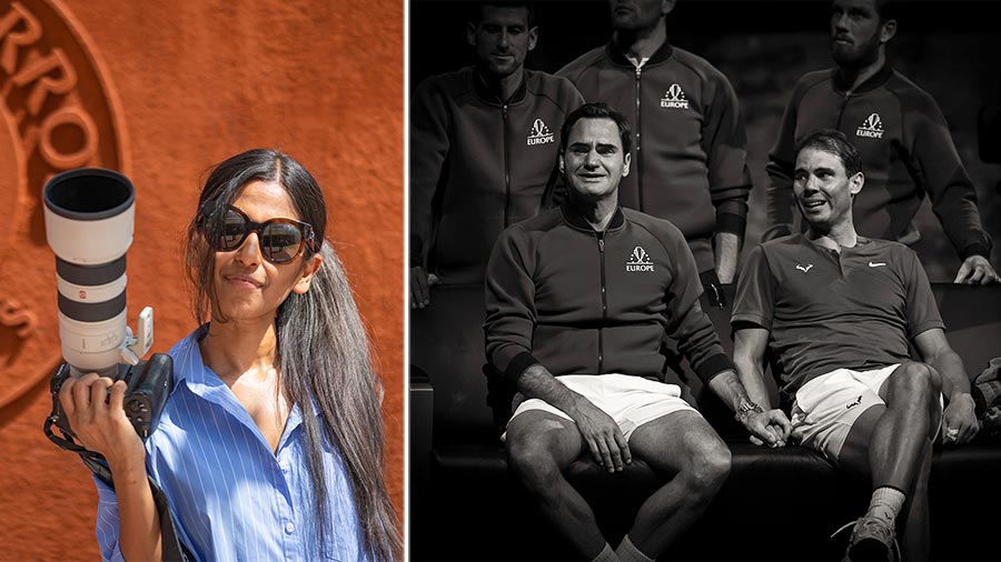 Neha Ganeriwal and (right) the photo of Roger Federer and Rafael Nadal that earned her a win at the 2023 World Sports Photography Awards