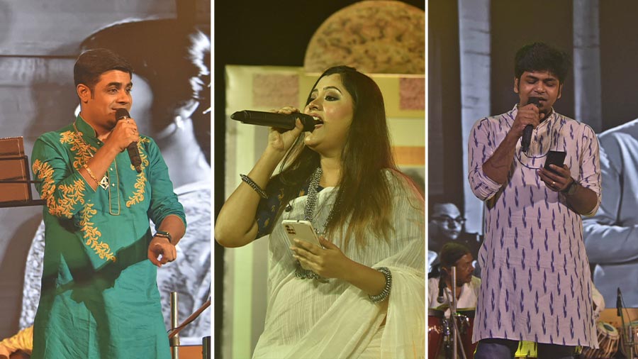 (From left) Aritra Dasgupta, Madhuri Dey and Durnibar Saha held the audience captivated with their rendition