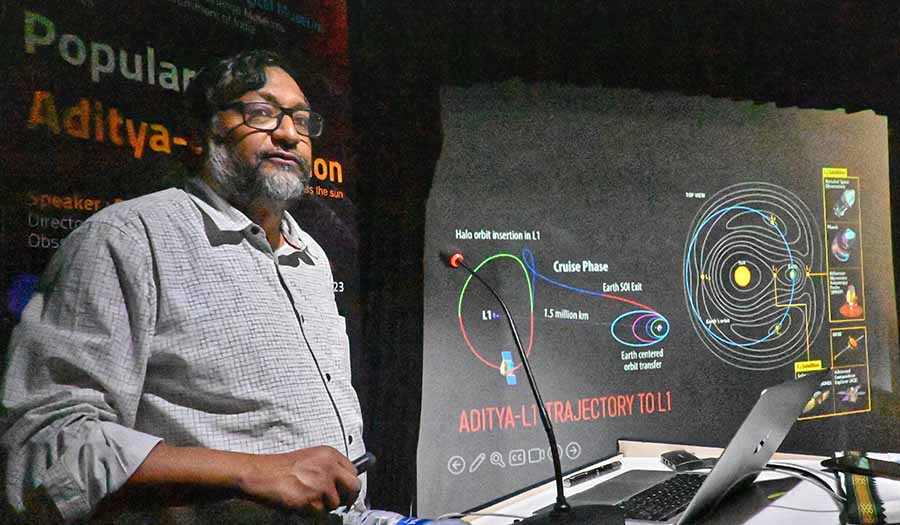 Unraveling secrets about the past, present and future of the Sun, Dipankar Banerjee, director, Aries Observatory Nainital and Lead Adviser of AdityaL1 Mission, addresses students at Birla Industrial & Technological Museum, Kolkata on Wednesday 