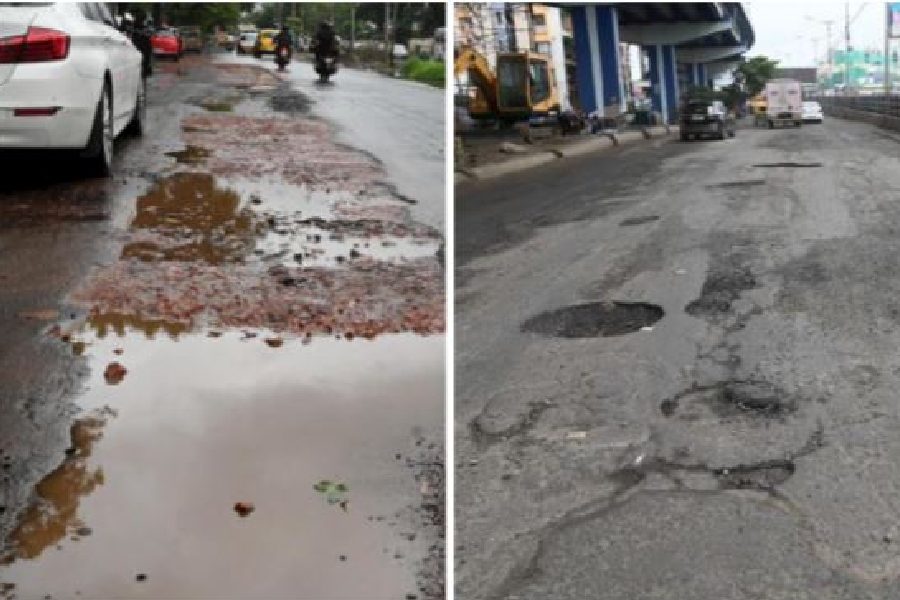 A cratered stretch of Diamond Harbour Road in Mominpore, (right) the poor state of Park Circus Bridge No. 4