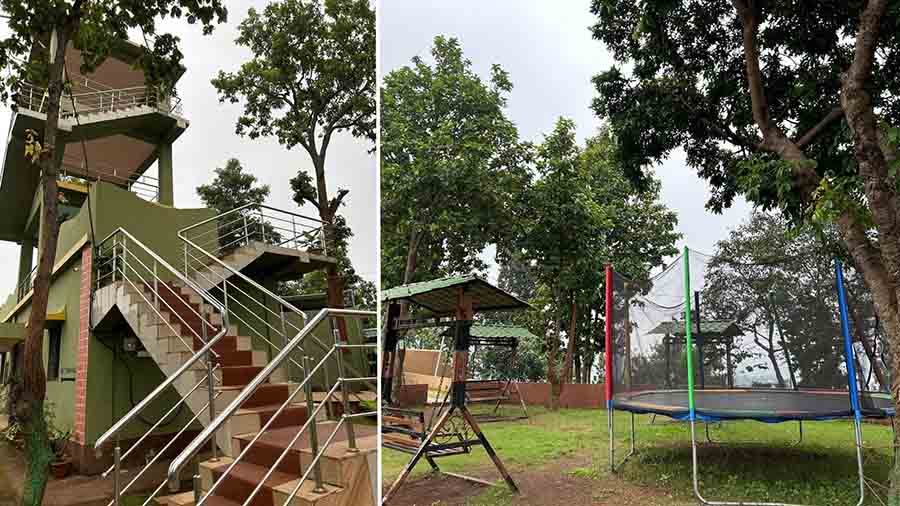 The view from the watch tower of the valley on a cloudy morning, with a warm cuppa, was a calming experience. If you are afraid of heights like me, the stairs are wide enough and each floor of the three-storeyed tower has chairs to sit and catch some breath. The campus also has swings and trampolines, giving about enough reasons to go back to the childhood days