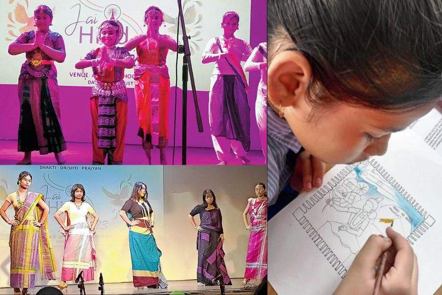 (Clockwise from top) Students dance to Vande mataram; stampmaking; a student sports Mizo costume; Tripura fashion showcased on the ramp