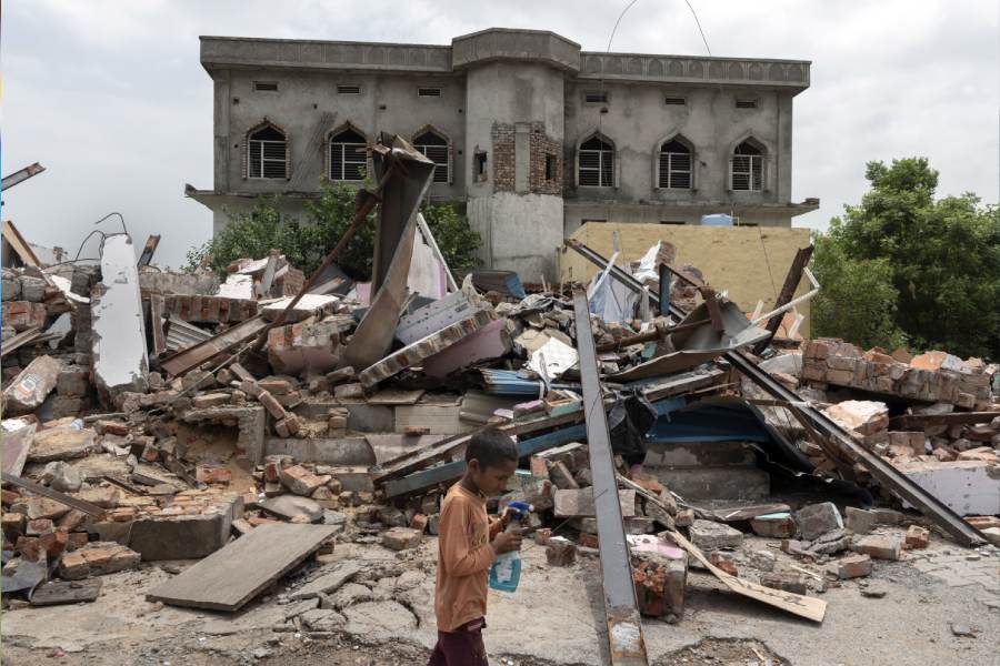 Rubble on Aug. 7, 2023, marks the site of deadly religious violence in Nuh, India.