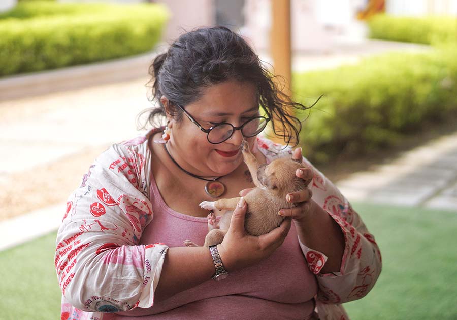 We spotted MasterChef contestant, The Calcutta Calorie owner, and My Kolkata columnist Dyuti Banerjee snuggling with this munchkin! “The setting seemed straight out of my childhood playbooks, with sprinkler fountains, a treehouse, books, and of course, tiny rescue puppers. I picked up the brush after over 20 years and it felt like the summer afternoons of my childhood. The best part was cuddling with the little furry bugs, who promptly fell asleep in my arms as I went about painting a fat cat mandala,” she said. Banerjee, who herself has seven cats and an indie dog, urged people to extend empathy to such adorable animals, and give them a home