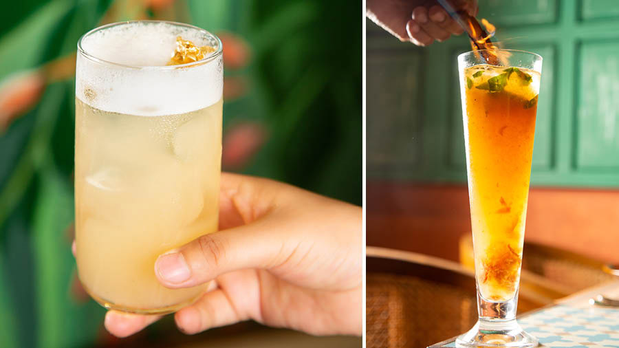 Paloma cooler and (right) Spiced Apricot iced tea
