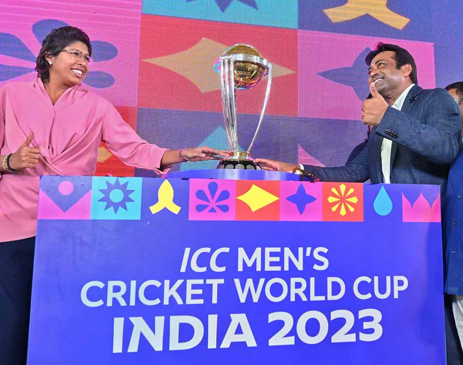 Tennis icon Leander Paes and former India women's team captain Jhulan Goswami unveiled the ICC Men's Cricket World Cup 2023 Trophy at the Eden Gardens, Kolkata, on Friday. The trophy will be exhibited at South City Mall on September 9 (10.30am to 5pm) and September 10 (10.30am to 9.30pm)
