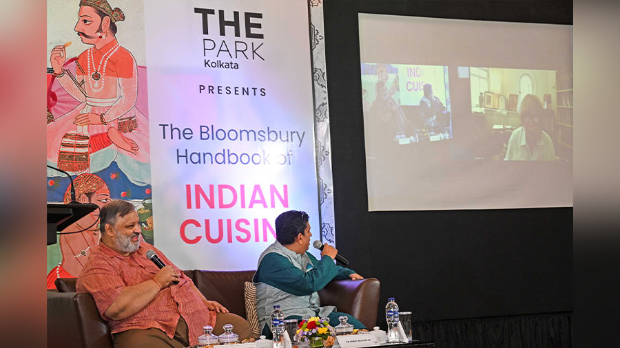 (L-R) Sourish Bhattacharyya, Boria Majumdar and Colleen Taylor Sen (on screen) at the launch