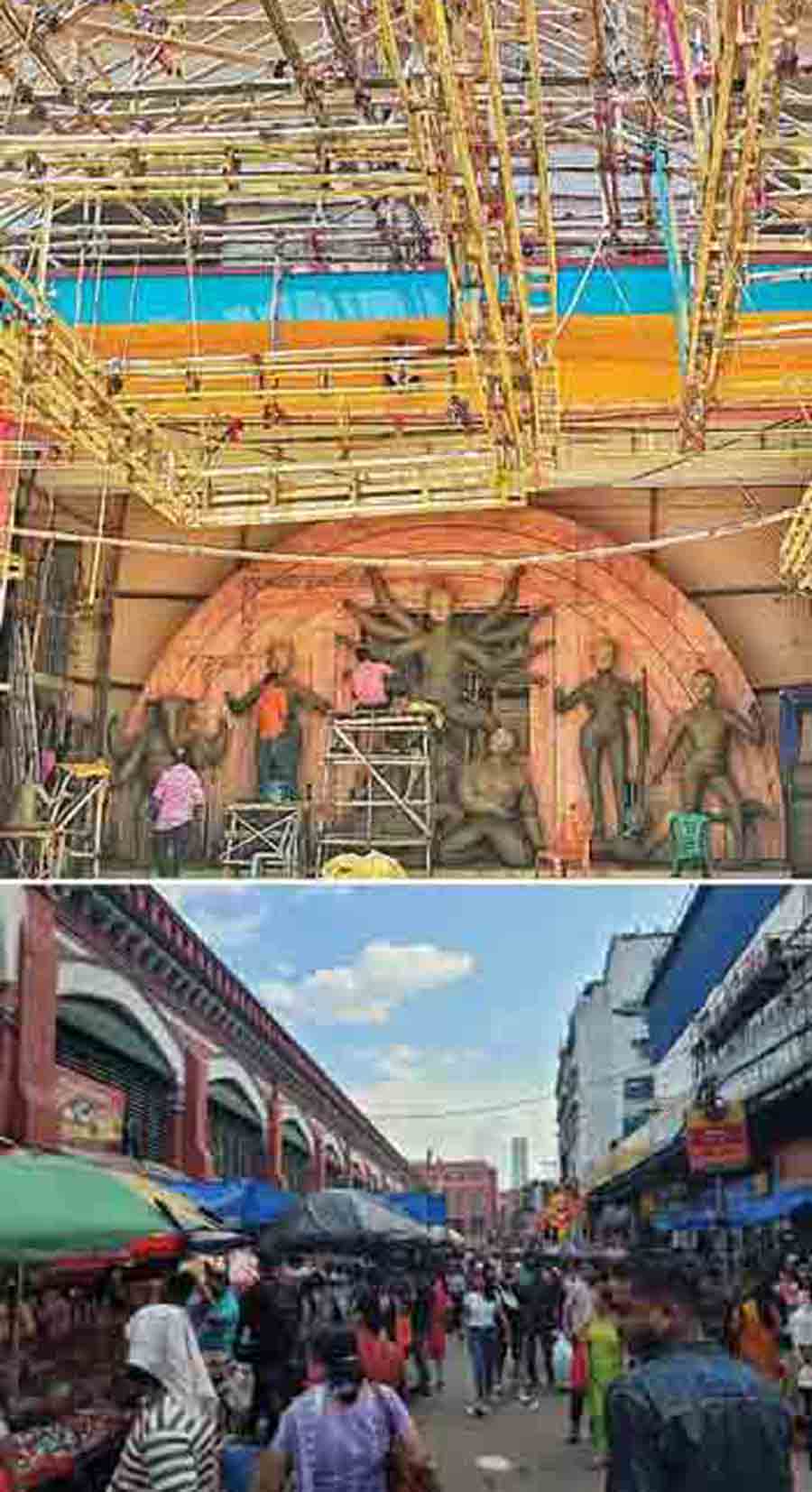 (Top) Even as the construction of the Durga Puja pandal at Baguiati Sports Council picks up pace, (above) there was nothing to stop shoppers at New Market making the most of a sunny Saturday, with barely five weekends left for the autumnal festival to arrive