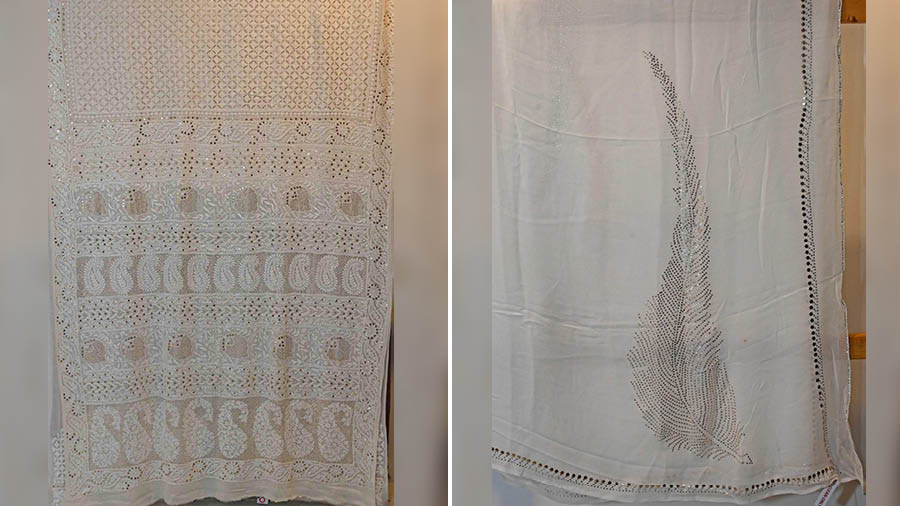 An intricate chikankari sari (left) and a zardosi and badla work dupatta from Lucknow