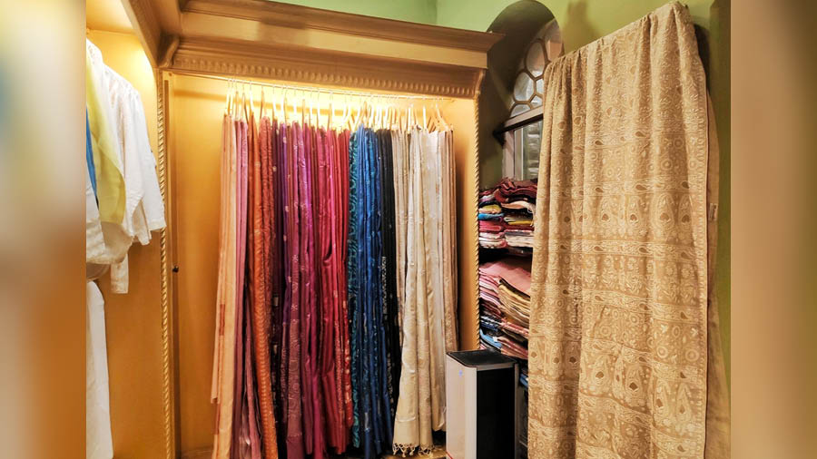 Chikankari work on a wide variety of fabrics for the upcoming festivities. On right the heritage saree that took more than 2 years to be completed