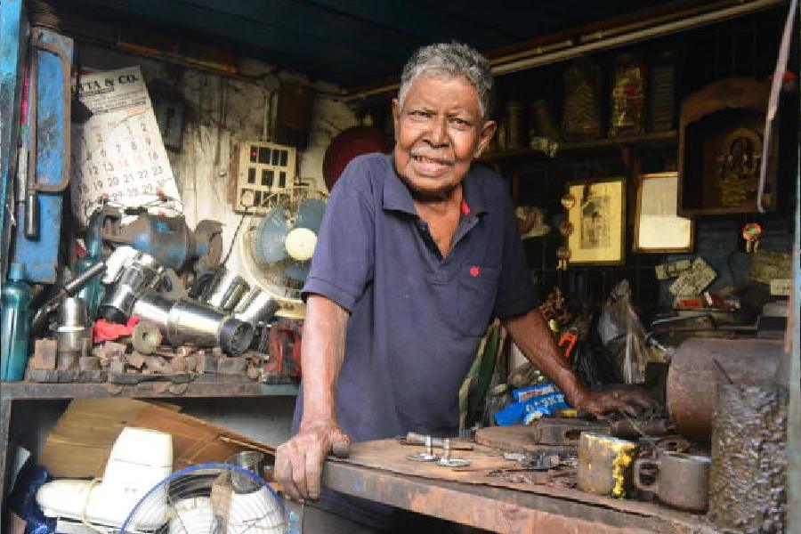 Mukunda Manna at his shop in Madhab Lane off Sarat Bose Road