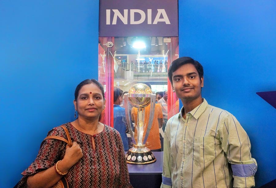 Dragging his cricket fan mother Mohua Roy, Srijeet Roy of Tollygunge did not want to miss the opportunity to see the trophy. The mother-son duo, both fans of Virat Kohli, expressed their joy of getting clicked with the trophy. Mohua Roy said: “My son got the news about the trophy on display from social media and brought me here.” Srijeet said: “It is a wonderful feeling to see the trophy up close. I am hoping this comes back to us. The first few matches will help us to predict that!”