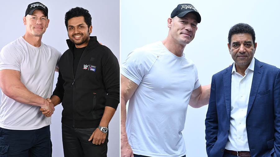 Cena with actor Karthi (left) and Rajesh Kaul (right), Head, Sports Business, Sony Pictures Networks India, in Hyderabad