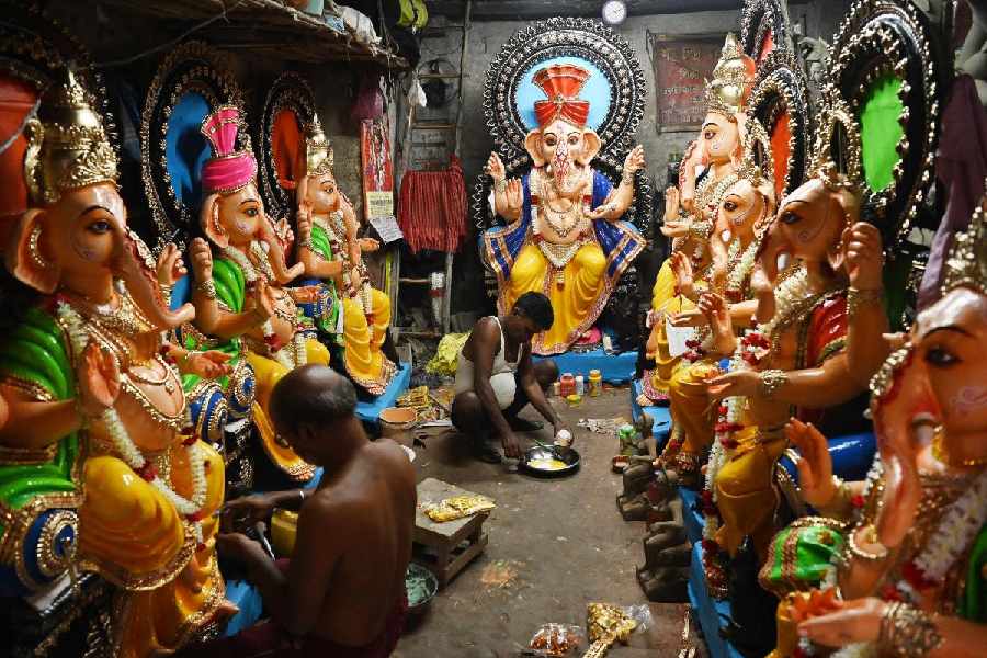Ganesh idols in Kumartuli on Monday.