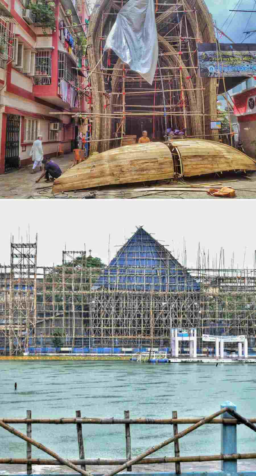 Labourers working against time at Durga Puja pandals at Hindustan Club Durga Puja and College Square  on Tuesday 