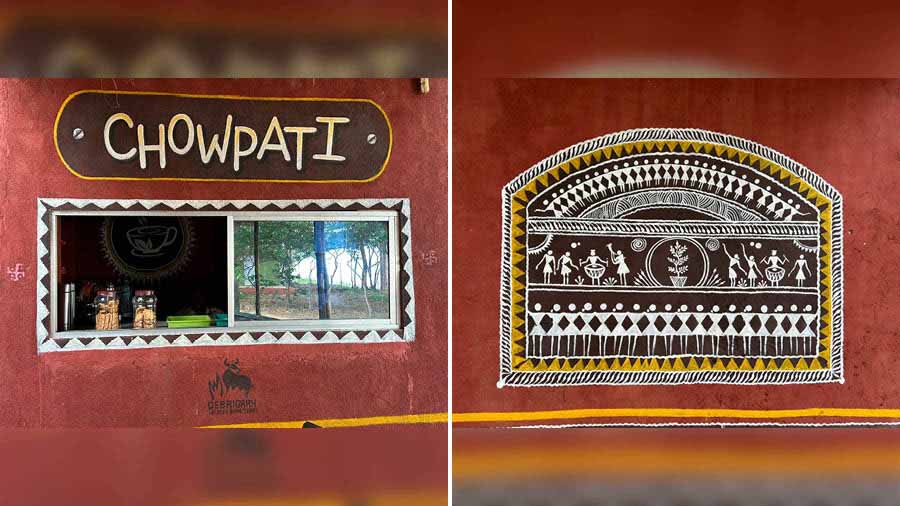 (L to R) A tea stall near the watchtower, tribal mural on the wall of the tea stall