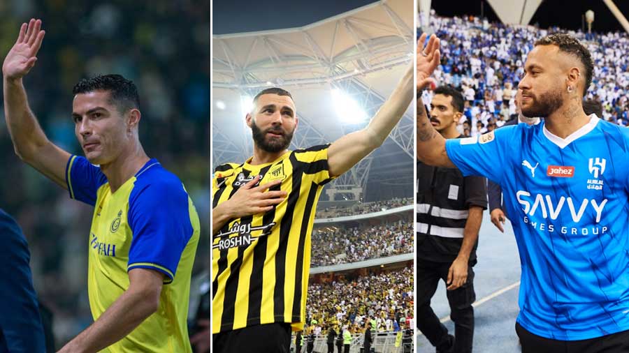 (Left) Cristiano Ronaldo being welcomed by Al Nassr fans, (centre) Karim Benzema receiving a warm reception from Al-Ittihad fans, (right) Neymar joined Al Hilal for a package worth over 100 million euros per season
