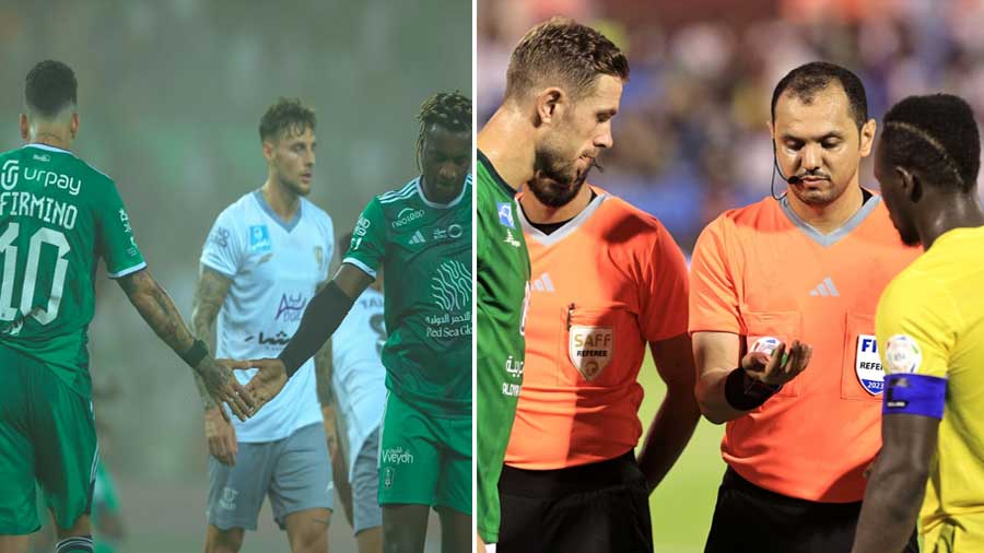 (Left) Firmino and Allan Saint-Maximin in Al Ahli colours, (right) Former Liverpool teammates Jordan Henderson and Sadie Mane donning the captains armbands for their respective teams